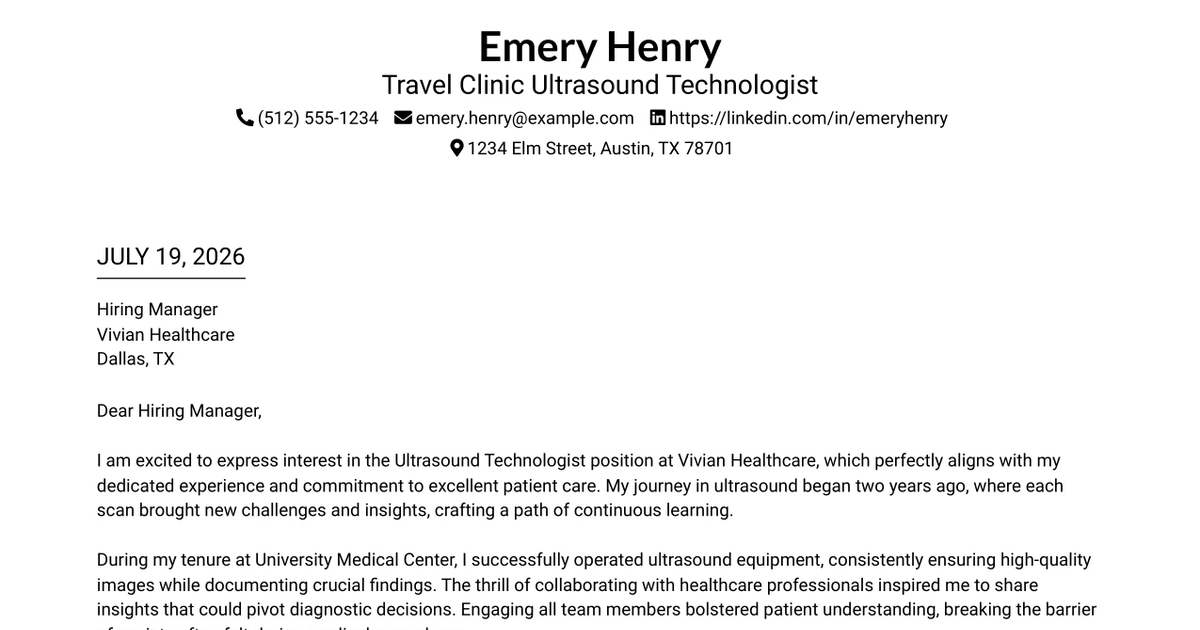 30+ Travel Clinic Ultrasound Technologist Cover Letter Templates with Example 2026