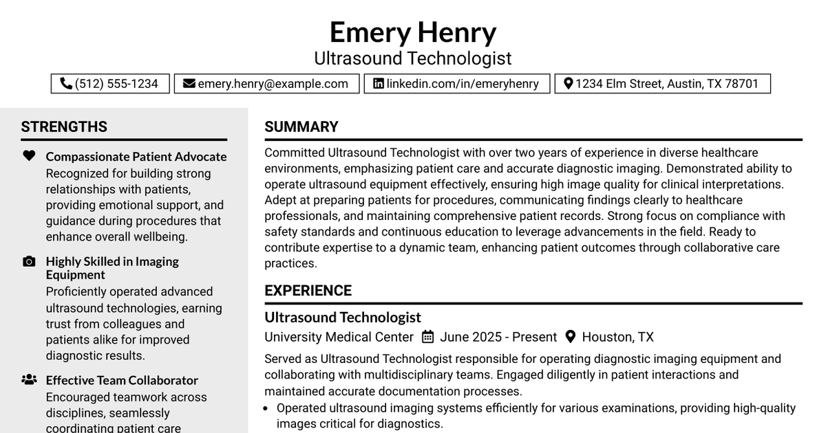 33 Travel Clinic Ultrasound Technologist Resume Templates with Example 2026 (ATS-Optimized)