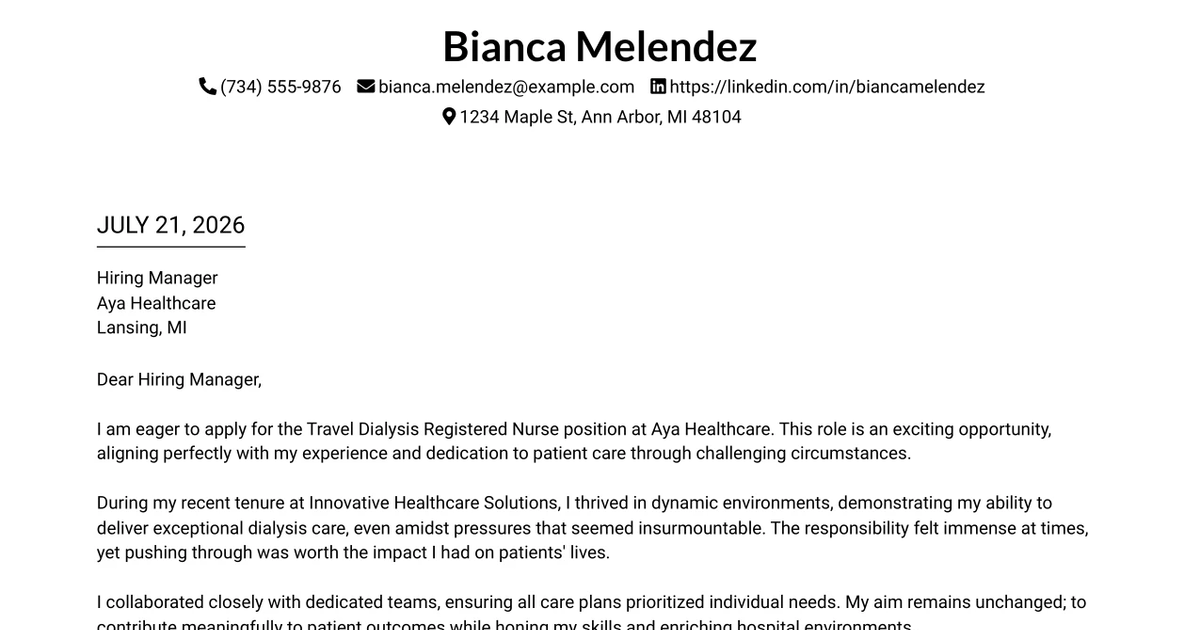 30+ Travel Dialysis Registered Nurse Cover Letter Templates with Example 2026