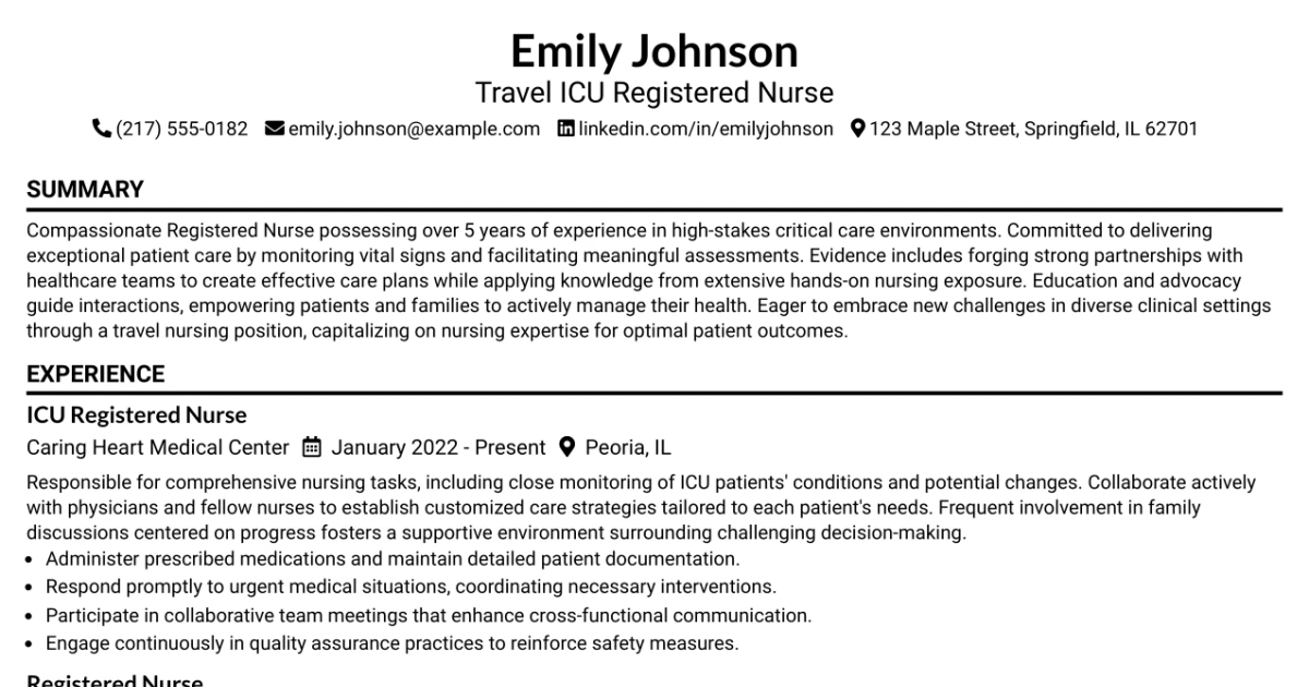 33 Travel ICU Registered Nurse Resume Templates with Example 2026 (ATS-Optimized)