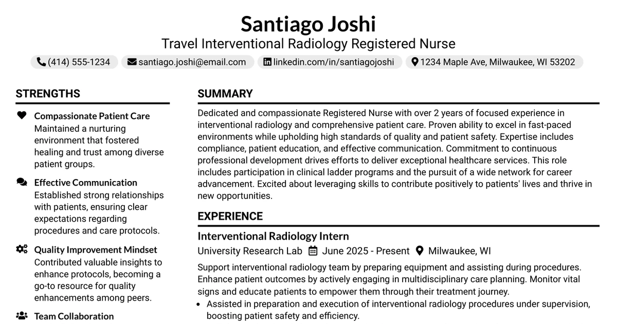 33 Travel Interventional Radiology Registered Nurse Resume Templates with Example 2026 (ATS-Optimized)