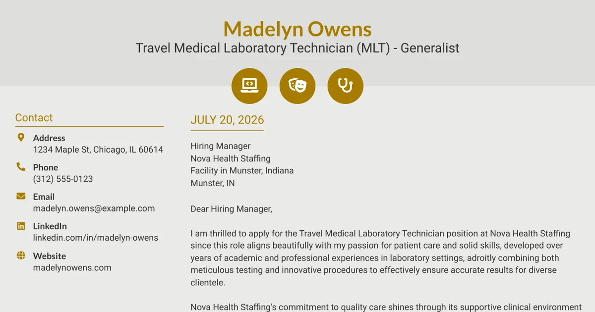 30+ Travel Medical Laboratory Technician (MLT) - Generalist Cover Letter Templates with Example 2026