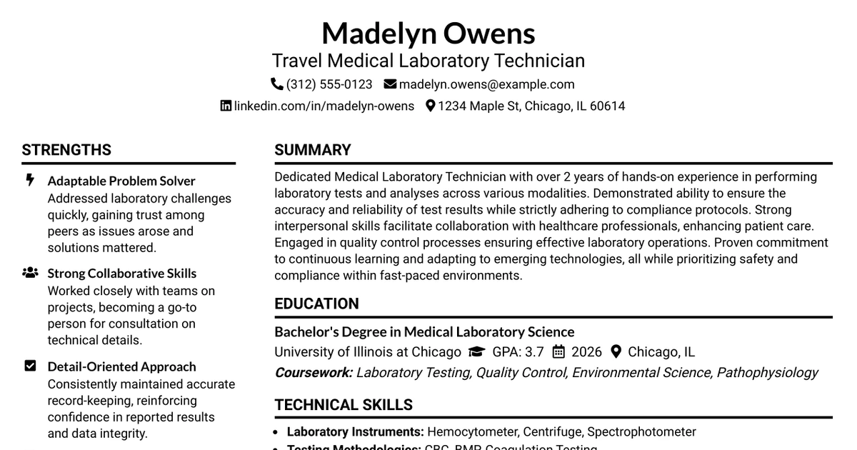 33 Travel Medical Laboratory Technician (MLT) - Generalist Resume Templates with Example 2026 (ATS-Optimized)