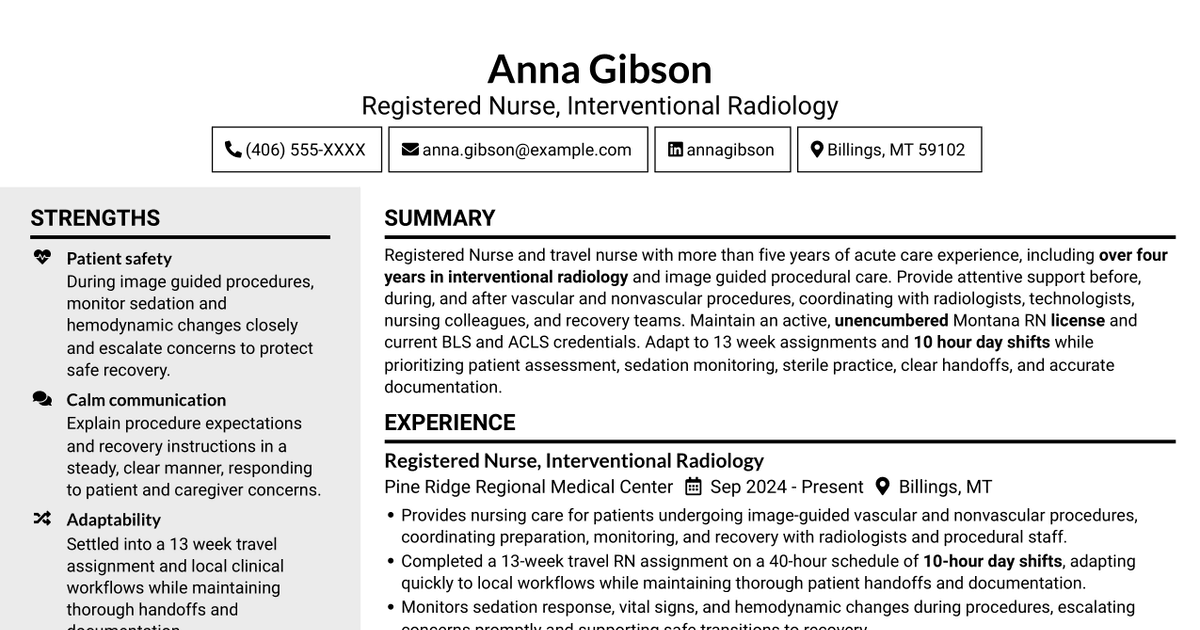 7 Travel Nurse RN - Interventional Radiology Resume Templates with Example
