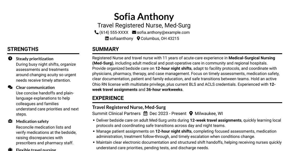 7 Travel Nurse RN - Med-Surg Resume Templates with Example