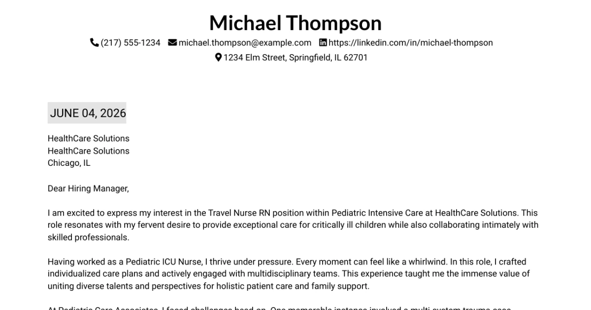 30+ Travel Nurse RN - Pediatric Intensive Care Cover Letter Templates with Example 2026