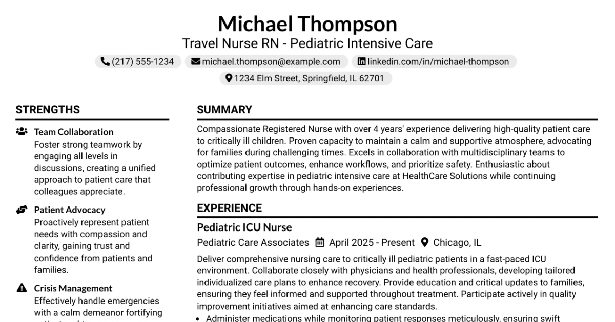 33 Travel Nurse RN - Pediatric Intensive Care Resume Templates with Example 2026 (ATS-Optimized)