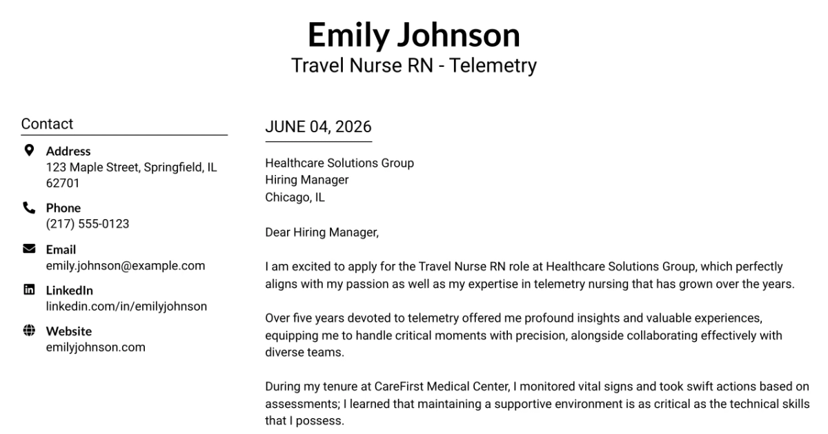 30+ Travel Nurse RN - Telemetry Cover Letter Templates with Example 2026