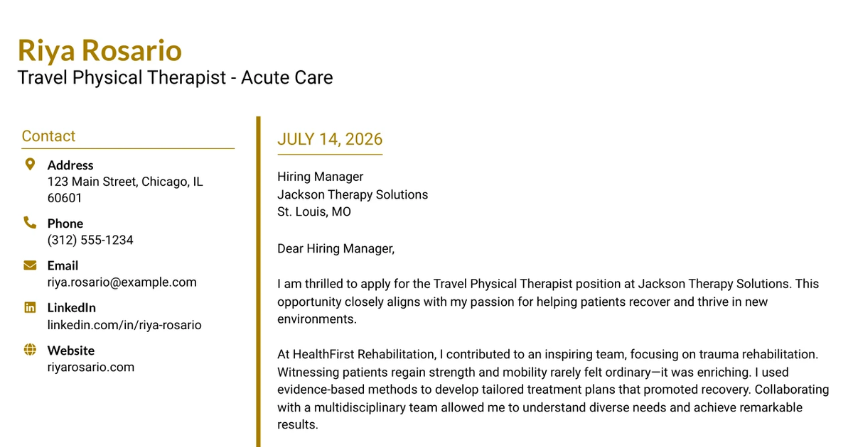 30+ Travel Physical Therapist - Acute Care Cover Letter Templates with Example 2026