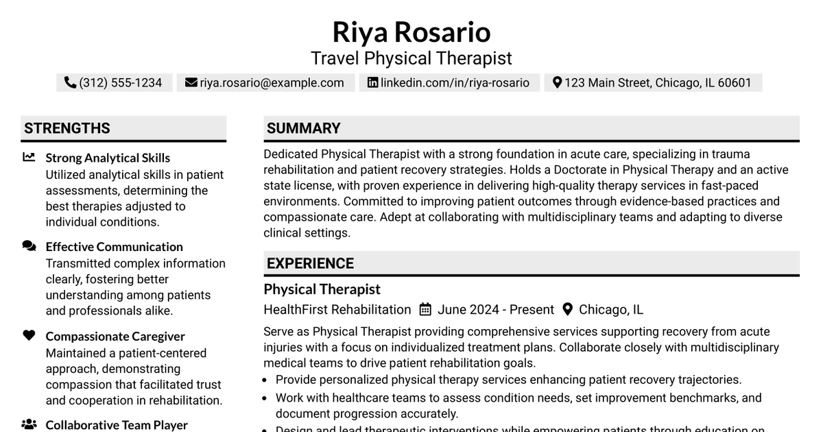 33 Travel Physical Therapist - Acute Care Resume Templates with Example 2026 (ATS-Optimized)