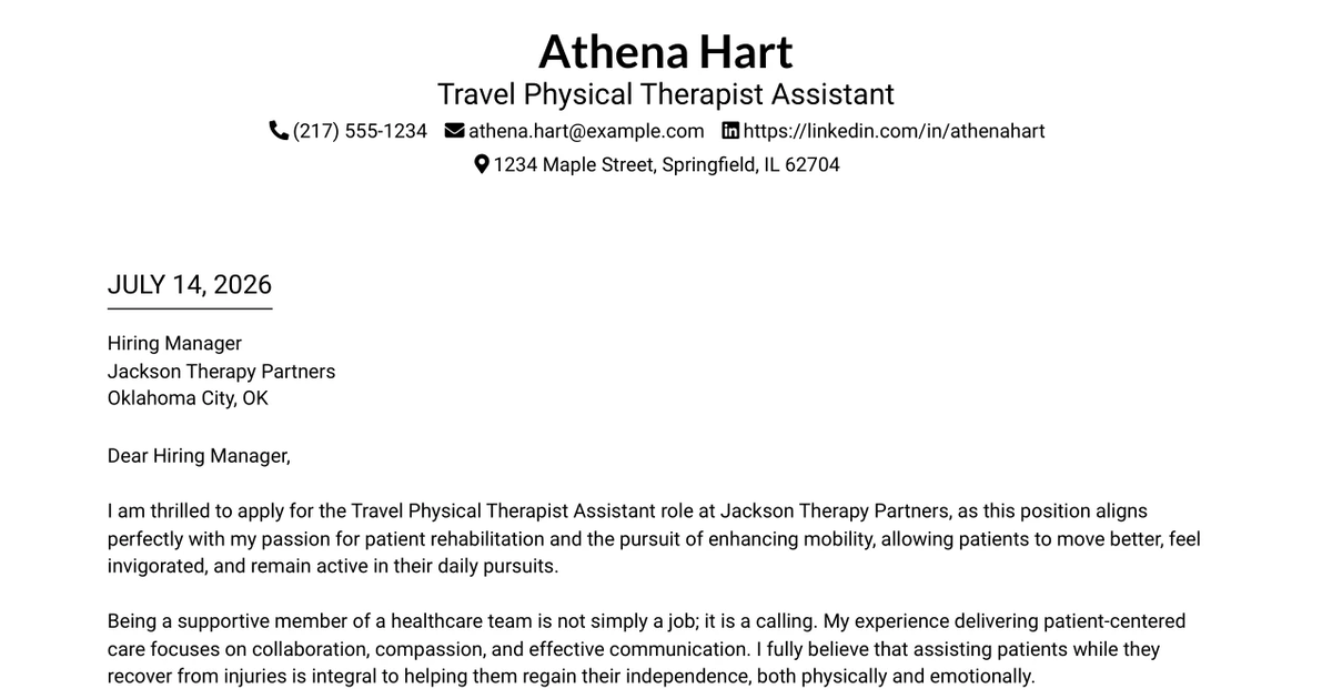 30+ Travel Physical Therapist Assistant Cover Letter Templates with Example 2026