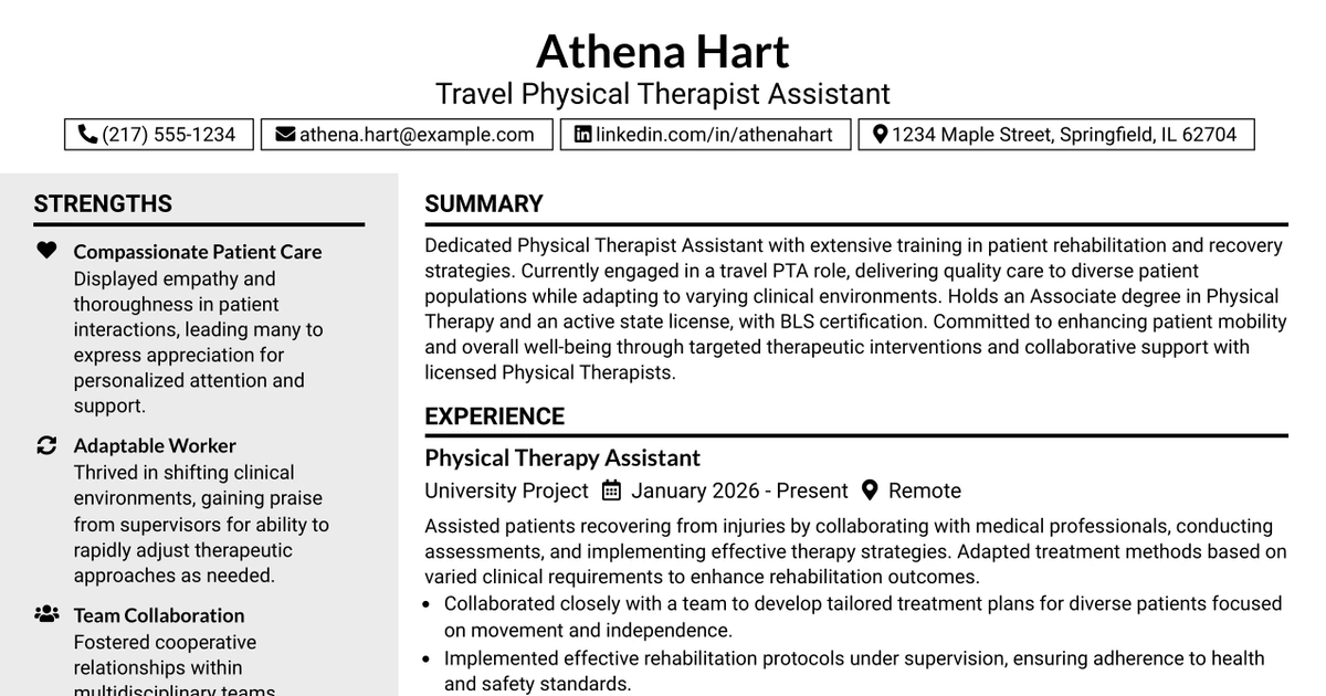 33 Travel Physical Therapist Assistant Resume Templates with Example 2026 (ATS-Optimized)