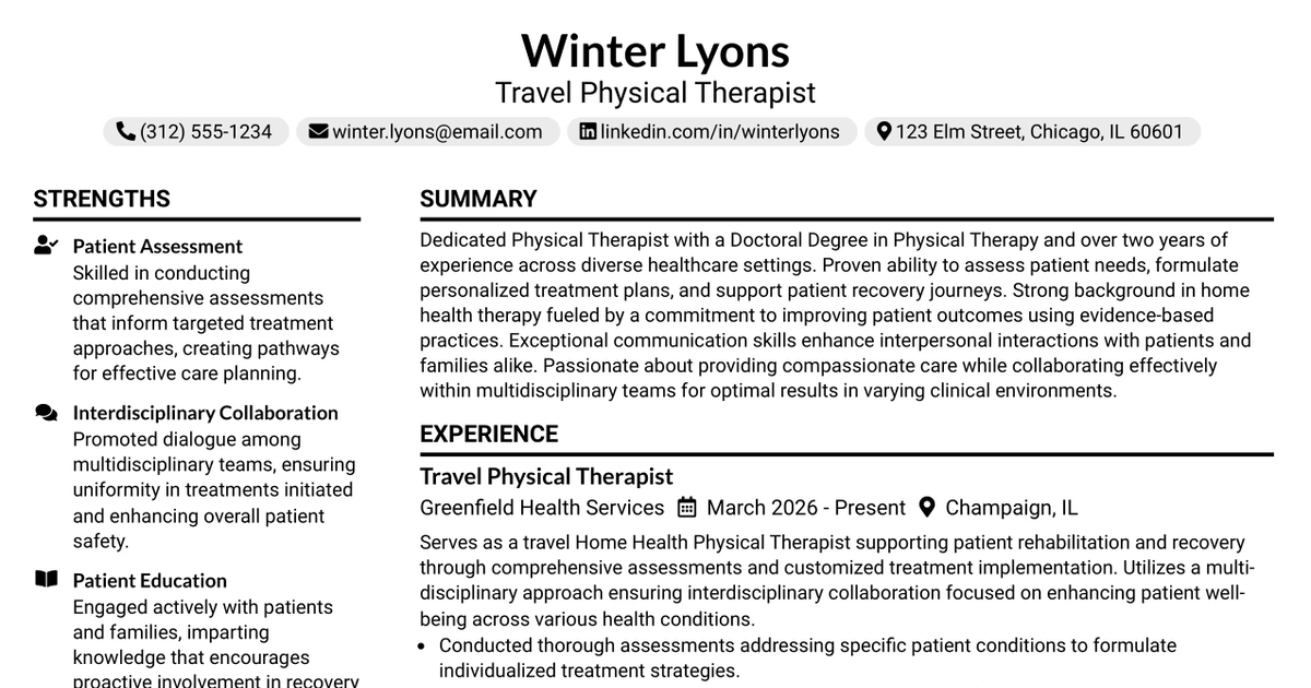 33 Travel Physical Therapist Resume Templates with Example 2026 (ATS-Optimized)