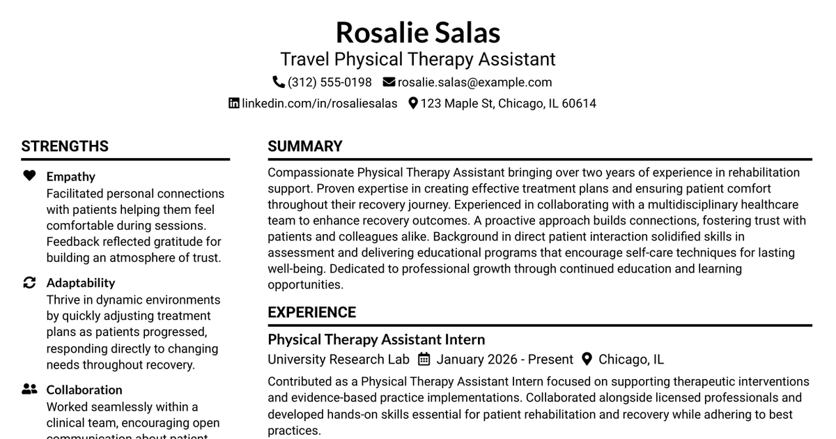 33 Travel Physical Therapy Assistant Resume Templates with Example 2026 (ATS-Optimized)