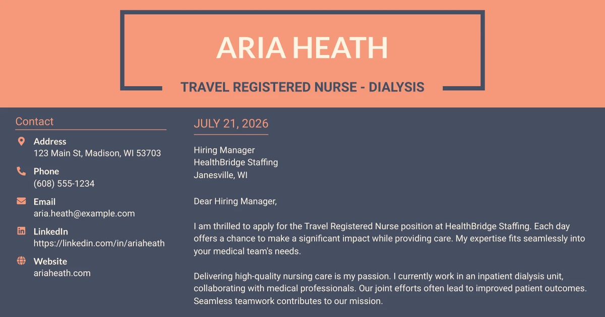 30+ Travel Registered Nurse - Dialysis Cover Letter Templates with Example 2026