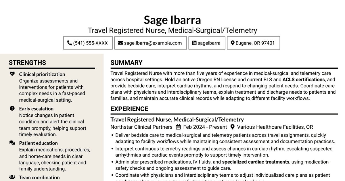 7 Travel Registered Nurse - Medical-Surgical Telemetry Resume Templates with Example
