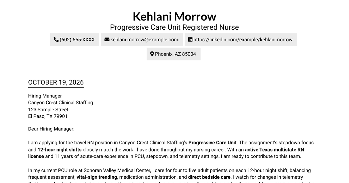 7 Travel Registered Nurse - Progressive Care Unit Cover Letter Templates with Example