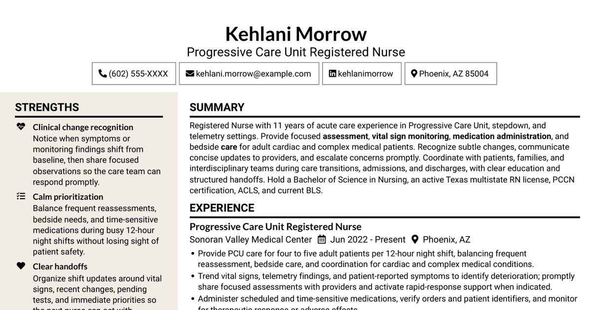 7 Travel Registered Nurse - Progressive Care Unit Resume Templates with Example