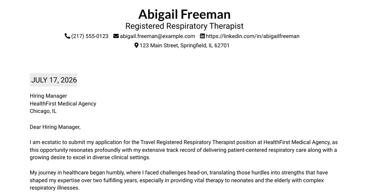 30+ Travel Registered Respiratory Therapist Cover Letter Templates with Example 2026