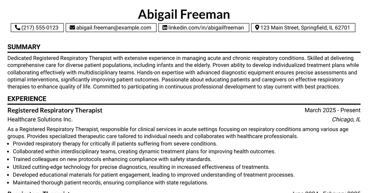 33 Travel Registered Respiratory Therapist Resume Templates with Example 2026 (ATS-Optimized)