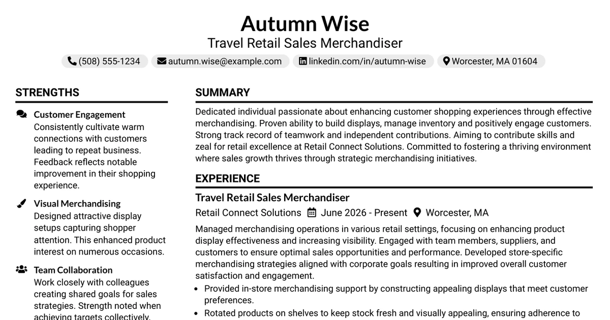 33 Travel Retail Sales Merchandiser Resume Templates with Example 2026 (ATS-Optimized)