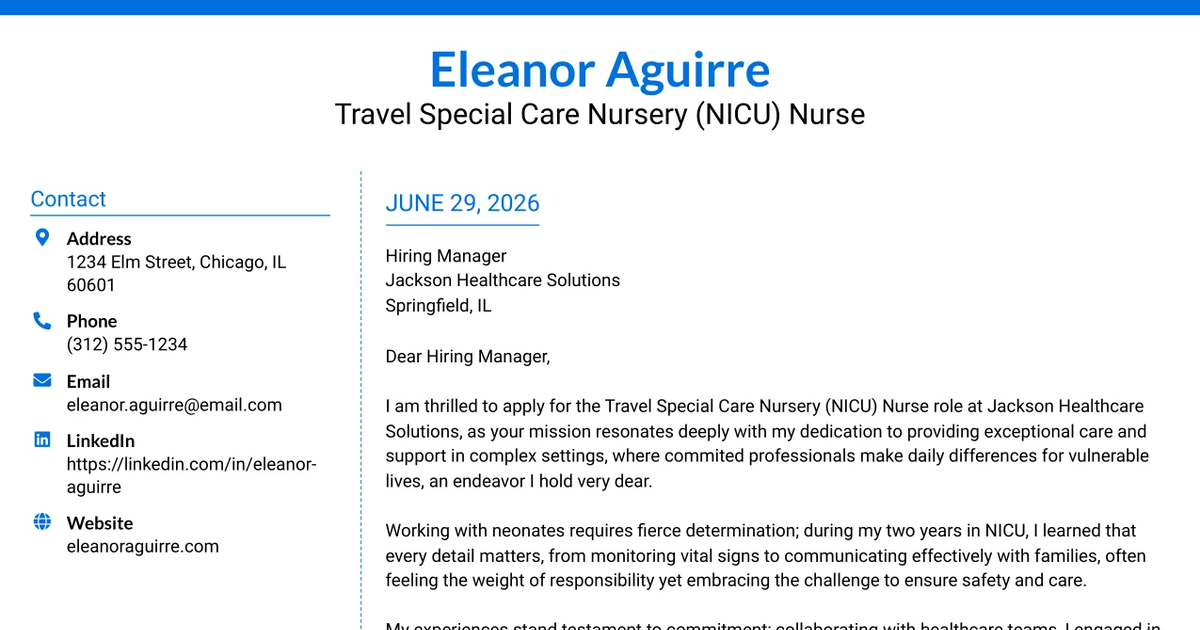 30+ Travel Special Care Nursery (NICU) Nurse Cover Letter Templates with Example 2026