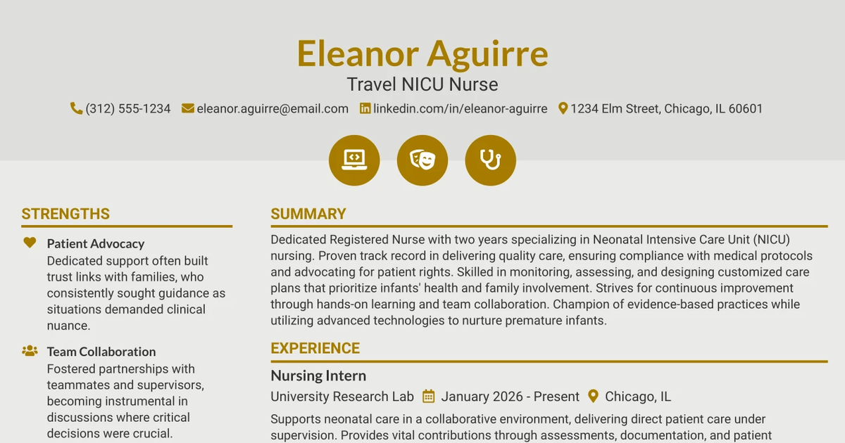 33 Travel Special Care Nursery (NICU) Nurse Resume Templates with Example 2026 (ATS-Optimized)