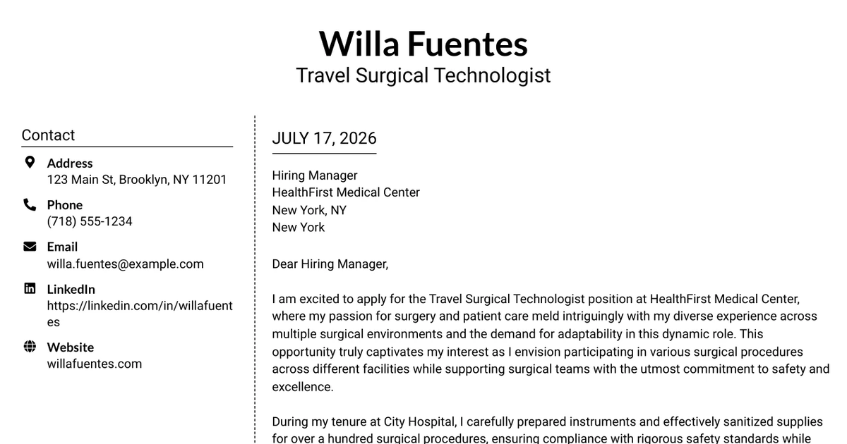 30+ Travel Surgical Technologist Cover Letter Templates with Example 2026