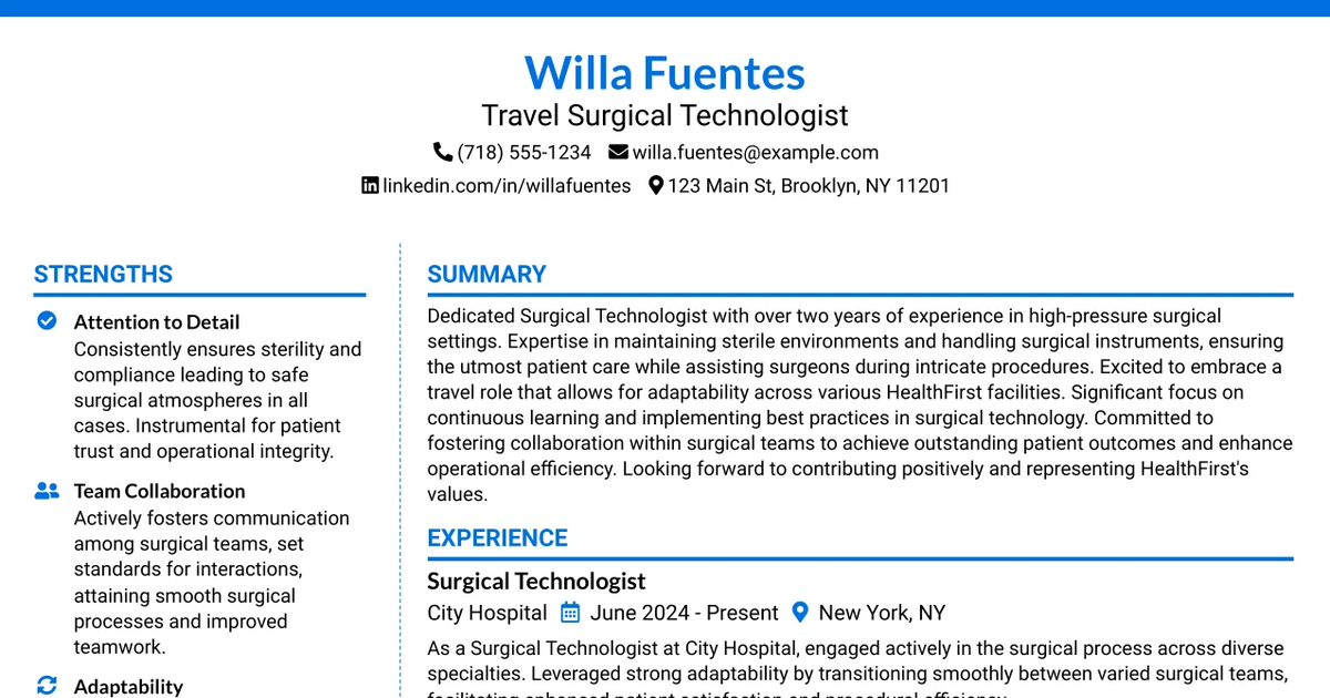 33 Travel Surgical Technologist Resume Templates with Example 2026 (ATS-Optimized)