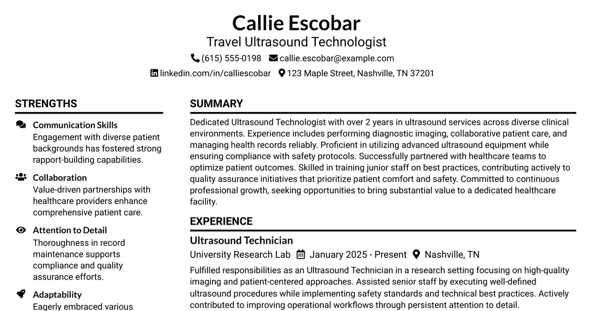 33 Travel Ultrasound Technologist Resume Templates with Example 2026 (ATS-Optimized)