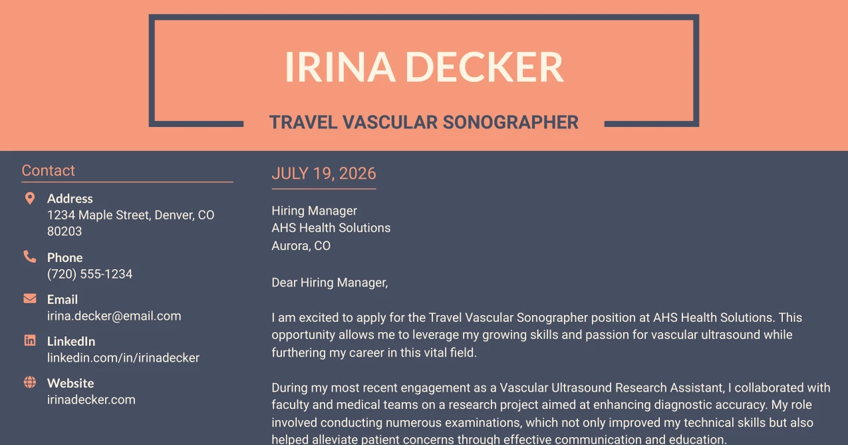 30+ Travel Vascular Sonographer Cover Letter Templates with Example 2026
