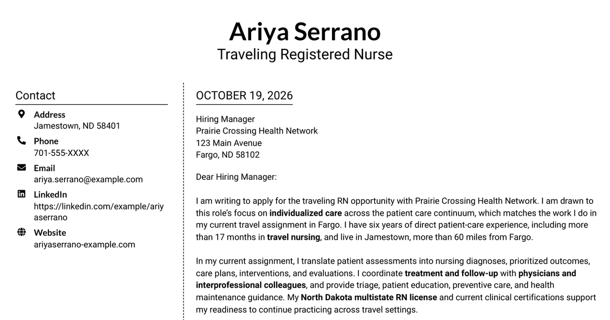 7 Traveling Registered Nurse Cover Letter Templates with Example