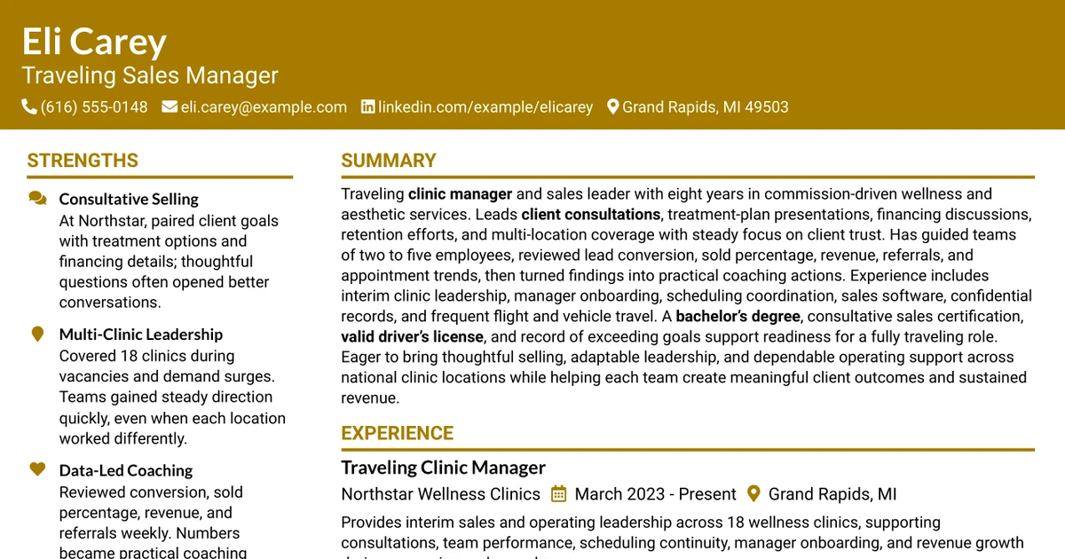 33 Traveling Sales Manager Resume Templates with Example 2026 (ATS-Optimized)