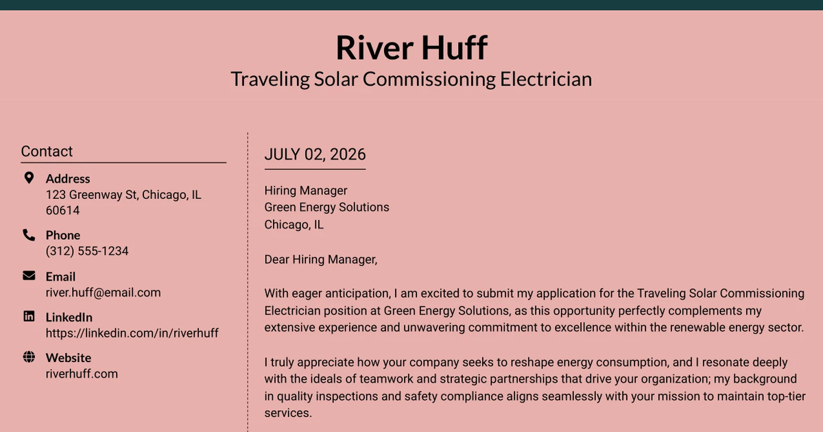30+ Traveling Solar Commissioning Electrician Cover Letter Templates with Example 2026
