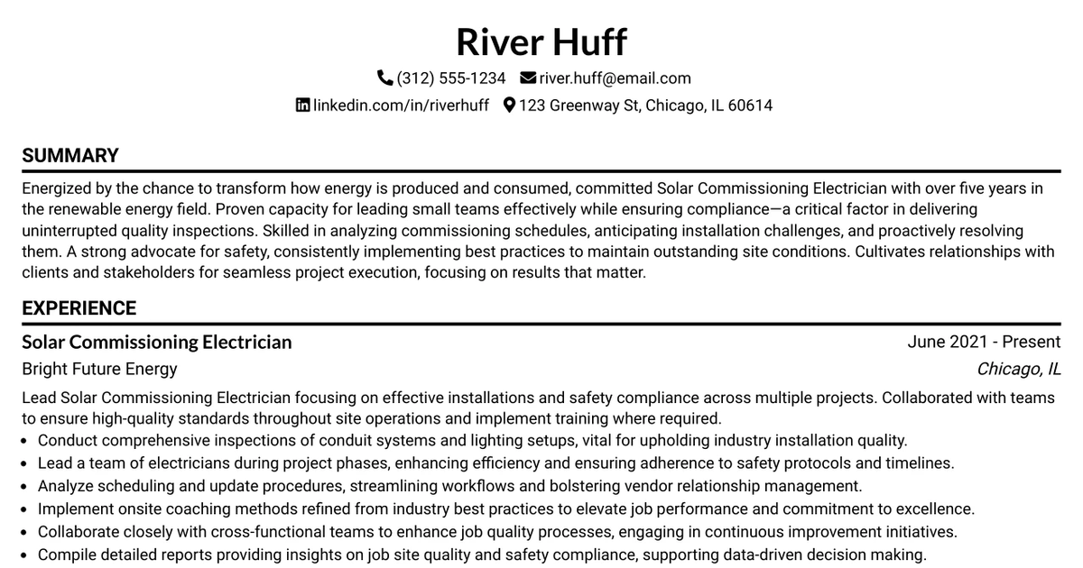 33 Traveling Solar Commissioning Electrician Resume Templates with Example 2026 (ATS-Optimized)