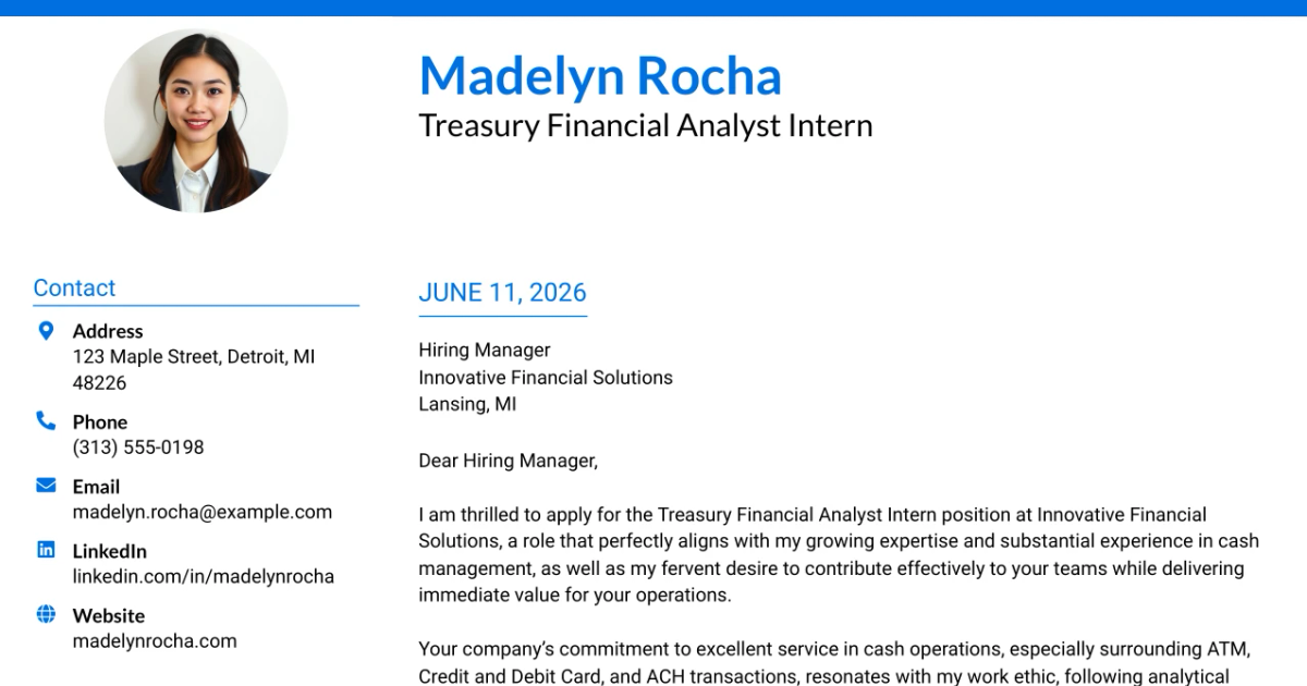 30+ Treasury Financial Analyst Intern Cover Letter Templates with Example 2026