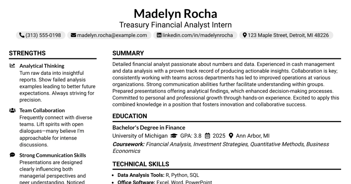 33 Treasury Financial Analyst Intern Resume Templates with Example 2026 (ATS-Optimized)