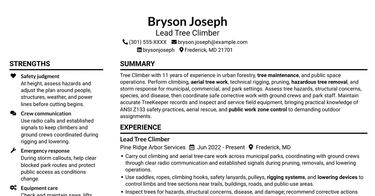 7 Tree Climber - Urban Forestry Resume Templates with Example