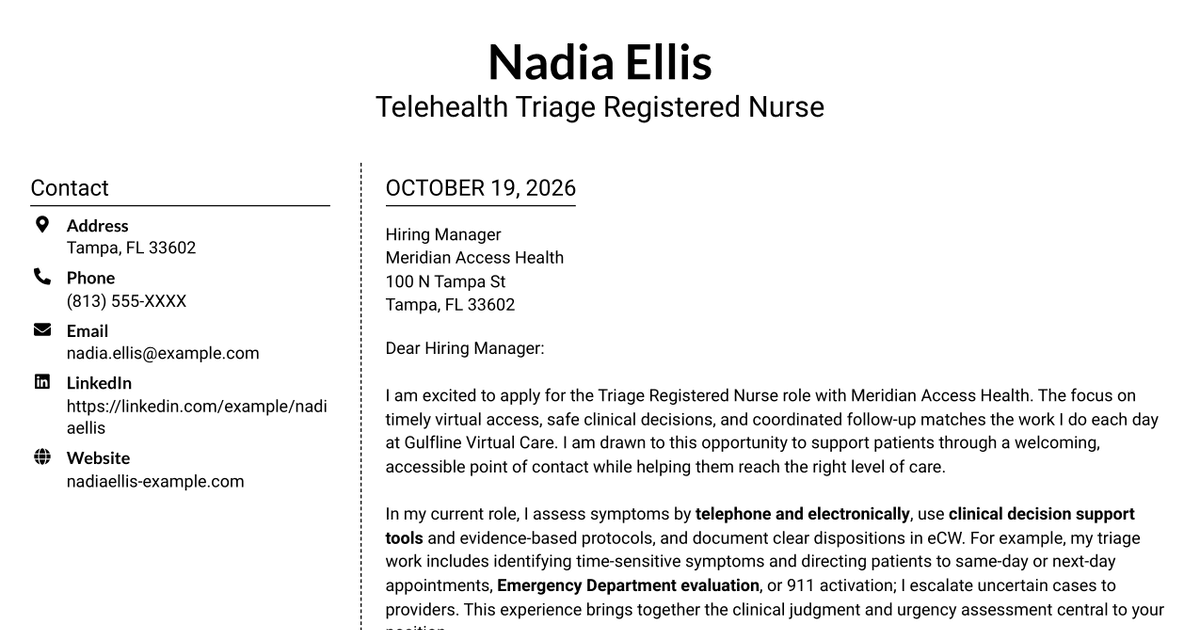 7 Triage Registered Nurse - Virtual Care Cover Letter Templates with Example