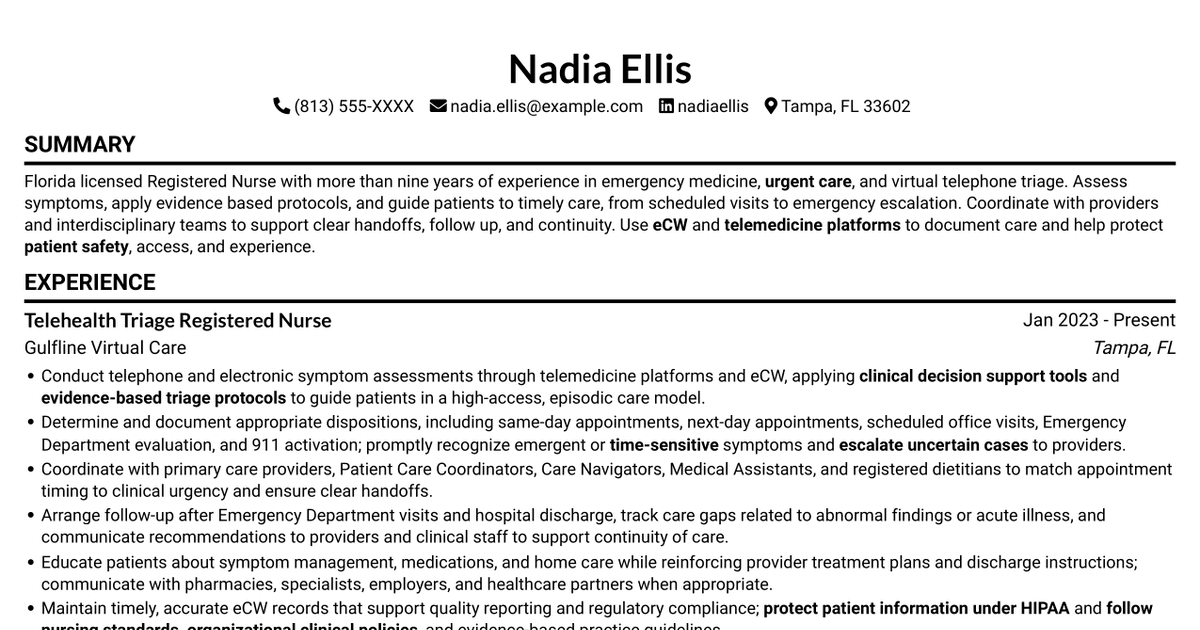 7 Triage Registered Nurse - Virtual Care Resume Templates with Example