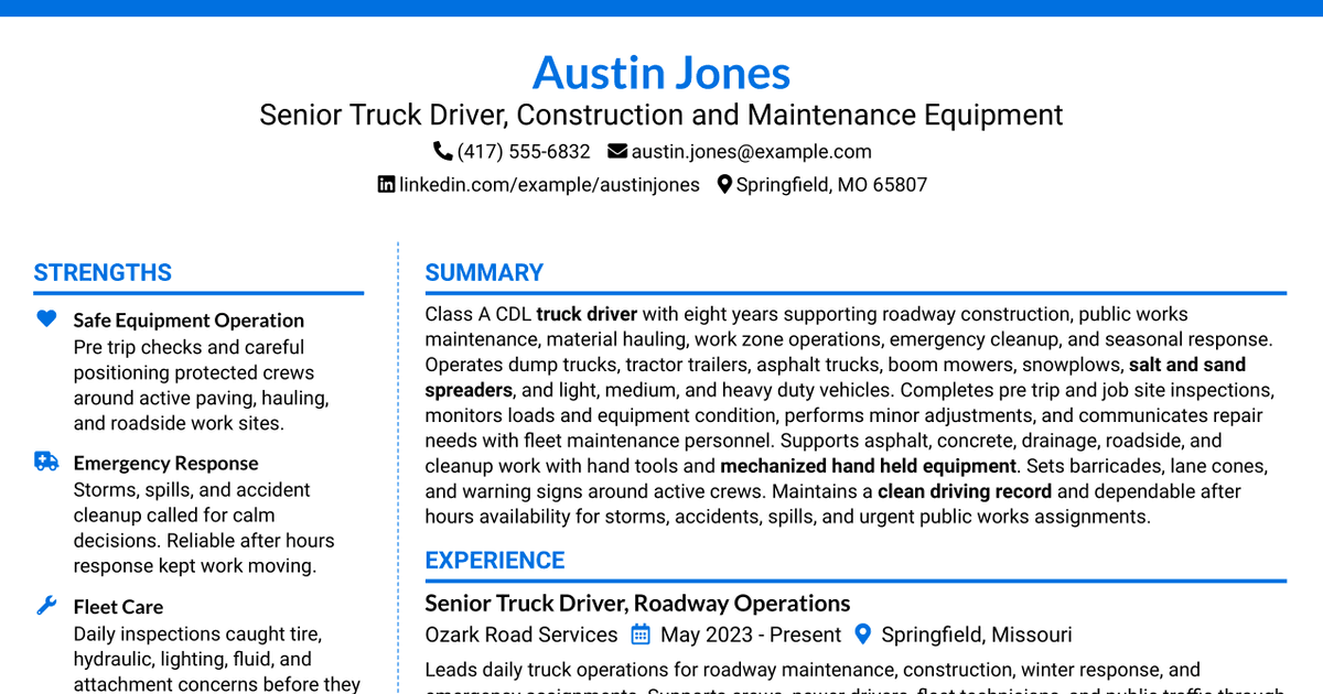7 Truck Driver - Construction and Maintenance Equipment Resume Templates with Example