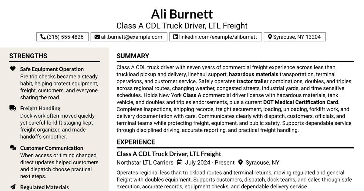 7 Truck Driver - LTL Freight Resume Templates with Example