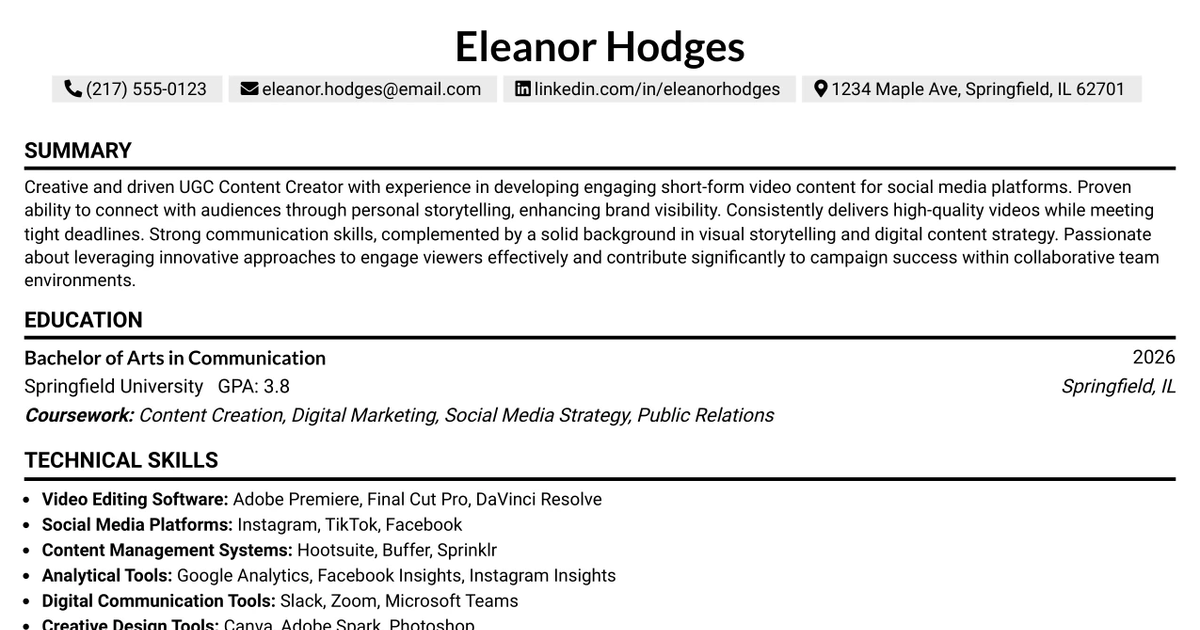 33 UGC Content Creator Resume Templates with Example 2026 (ATS-Optimized)