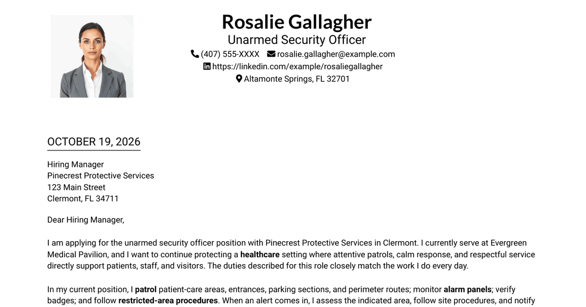 7 Unarmed Security Officer - Healthcare Patrol and Alarm Response Cover Letter Templates with Example