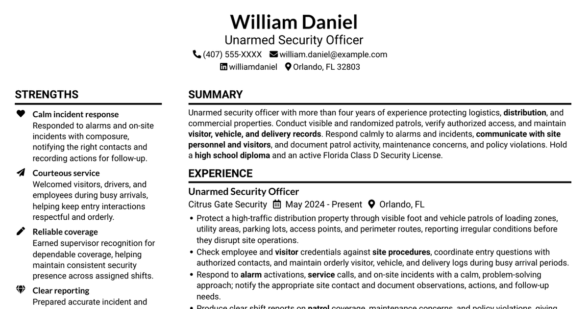 7 Unarmed Security Officer - Logistics and Distribution Patrol Resume Templates with Example