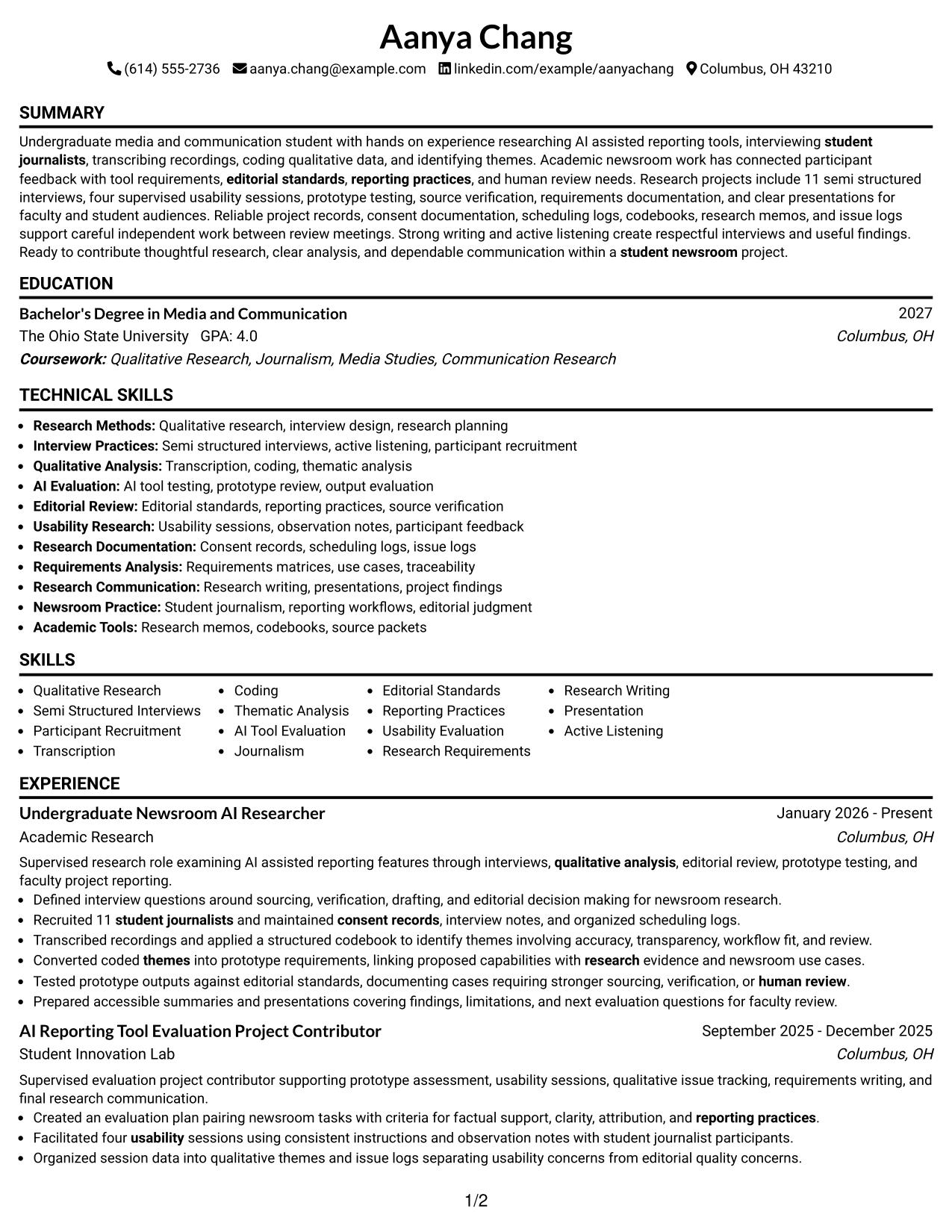 Resume Example Page 1
