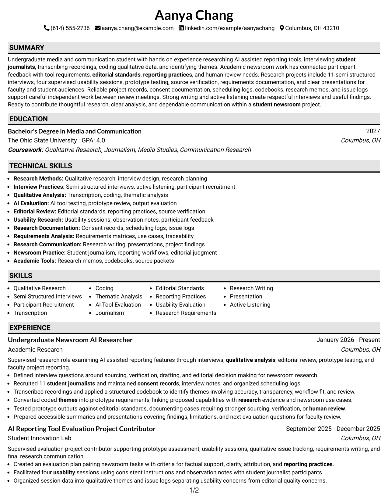 Resume Example Page 1