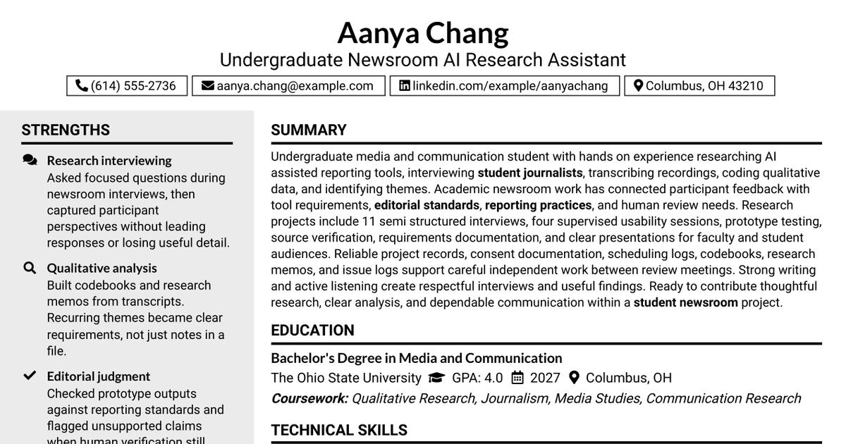 7 Undergraduate Newsroom AI Research Assistant Resume Templates with Example