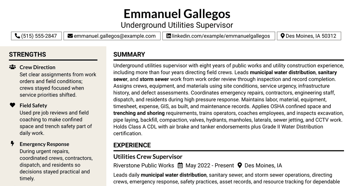7 Underground Utilities Supervisor Resume Templates with Example