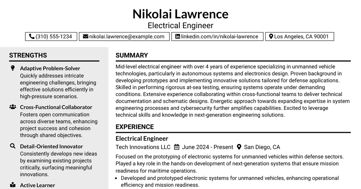 33 Unmanned Vehicle Electrical Engineer Resume Templates with Example 2026 (ATS-Optimized)